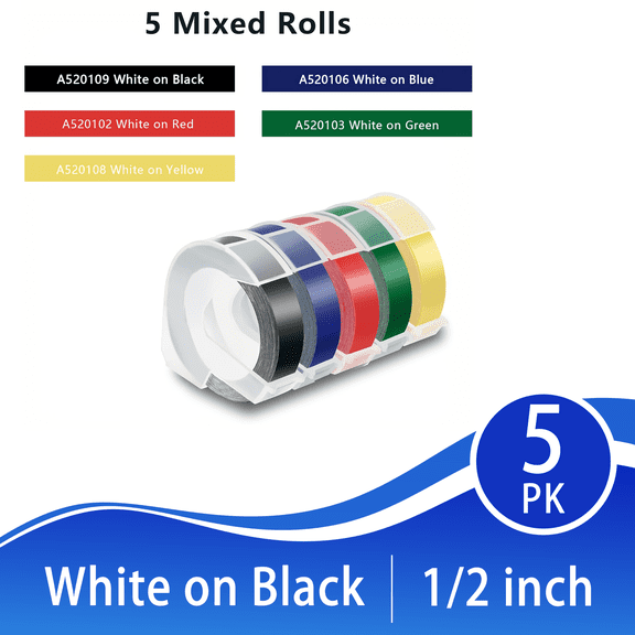 Compatible replacement label tape for Dymo 3D, 3/8 inch x 9.8 feet, 9 mm embossed plastic label tape, compatible with Dymo Organizer Xpress Pro label printers, black/red/blue/green/light yellow backg