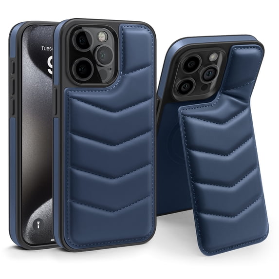 Compatible with wireless charging for iPhone 16 Pro Max Card Case with Card Holder Kickstand RFID Blocking Flip Cover Credit Card Slots PU Leather Men Women,Shockproof Phone Case,Blue
