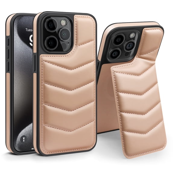 Compatible with wireless charging for iPhone 16 Pro Max Card Case with Card Holder Kickstand RFID Blocking Flip Cover Credit Card Slots PU Leather Men Women,Shockproof Phone Case,Rosegold