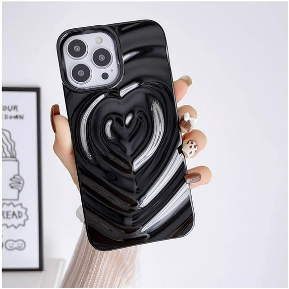 Compatible with 13 Pro Max Case,3D Love Water Ripple Pattern,Soft TPU Slim Shockproof Satin Glossy Cover for Girls Boys.(Black)