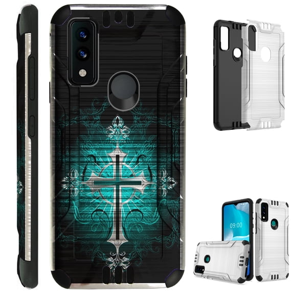 Compatible with AT&T Maestro 3 Brushed Metal Texture Hybrid Silver Guard Phone Case Cover (Teal Gothic Cross)