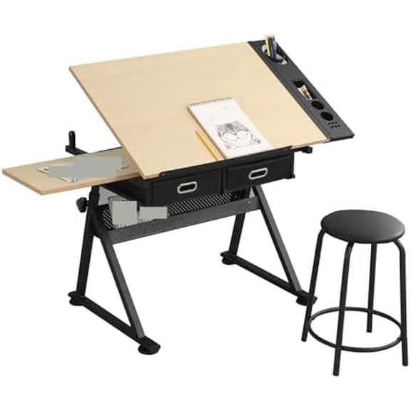 Compatible with Adjustable Wood Drawing Drafting Table with 2 Drawers and Stool for Home & School$$Home Decor, Kitchen, & Other