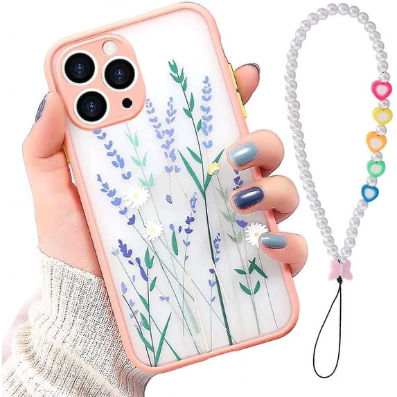 Compatible with Aesthetic Clear Floral Leaf Lavender iPhone 14 Pro Max Case with Pearl Bracelet Chain (Pink)