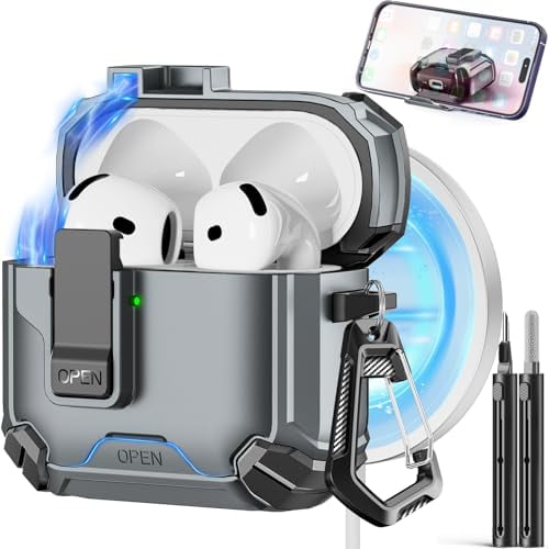 Compatible with AirPods 4 Case,Magnetic Automatic Lock with Phone Stand & Cleaning Kit,Compatible with Magsafe Cover -Silver