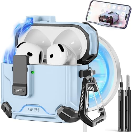 Compatible with AirPods 4 Case,Magnetic Automatic Lock with Phone Stand & Cleaning Kit,Compatible with Magsafe Cover -Sky Blue