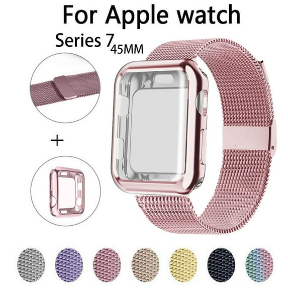 Compatible with Apple Watch Band 45mm Milanese Loop iWatch Band with Screen Protector Case for Apple Watch Case 45mm Series 7 - pink gold