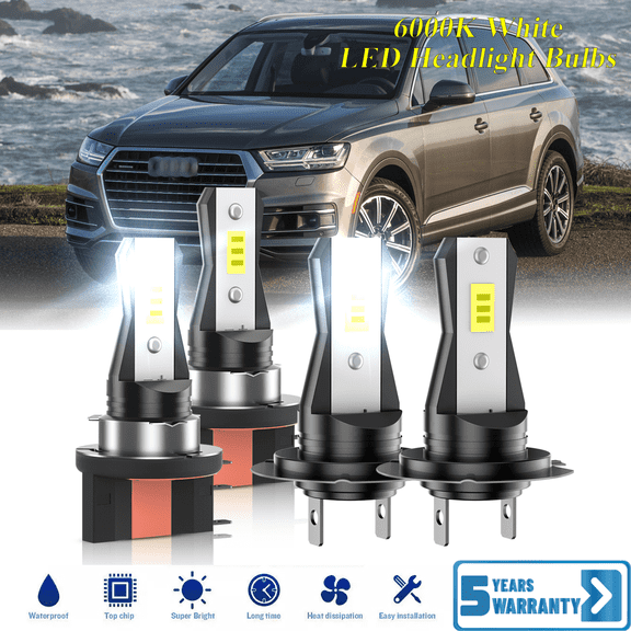 Compatible with Audi Q7 2010-2015 H15 H7 LED Headlight KIT High Low Beam Combo Bulbs (Pack of 4) , 6000K White Super Bright, Plug and Play