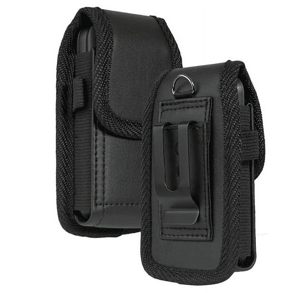 Compatible with Consumer Cellular Iris Easy Flip - Black Leather Vertical Belt Loop Waist Case