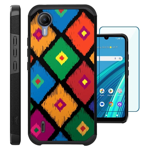 Compatible with Cricket Debut S2 | AT&T Calypso 4; Hybrid Fusion Guard Phone Case Cover + TEMPERED GLASS SCREEN PROTECTOR (Colorful Diamond)