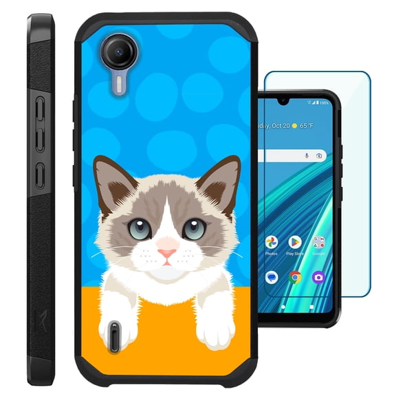 Compatible with Cricket Debut S2 | AT&T Calypso 4; Hybrid Fusion Guard Phone Case Cover + TEMPERED GLASS SCREEN PROTECTOR (Cute Cat Ragdoll)