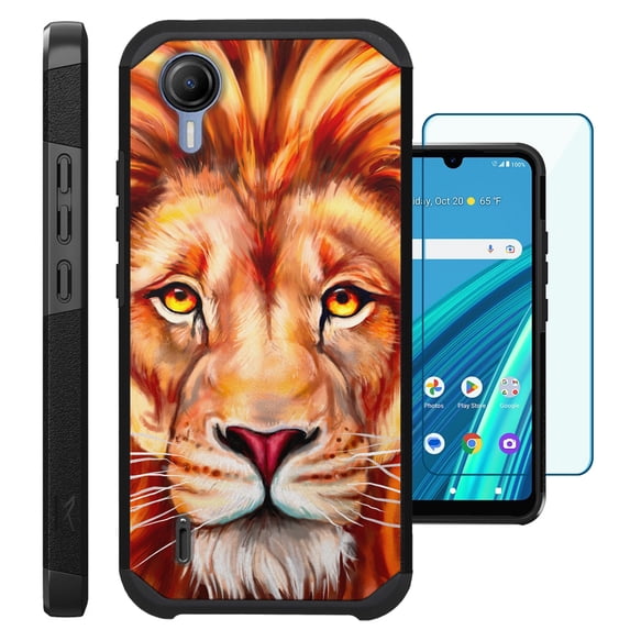 Compatible with Cricket Debut S2 | AT&T Calypso 4; Hybrid Fusion Guard Phone Case Cover + TEMPERED GLASS SCREEN PROTECTOR ( Lion )
