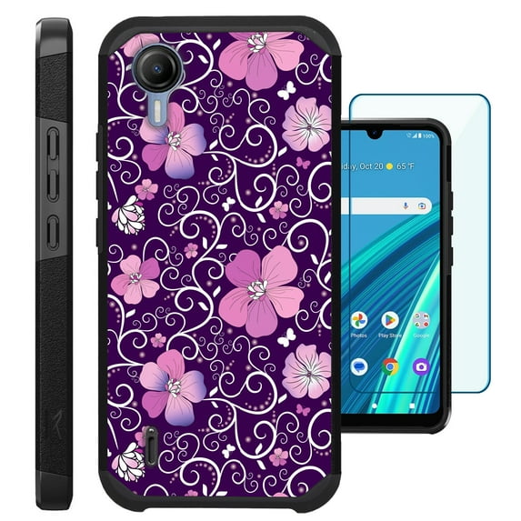 Compatible with Cricket Debut S2 | AT&T Calypso 4; Hybrid Fusion Guard Phone Case Cover + TEMPERED GLASS SCREEN PROTECTOR (Purple Flowe Vine)