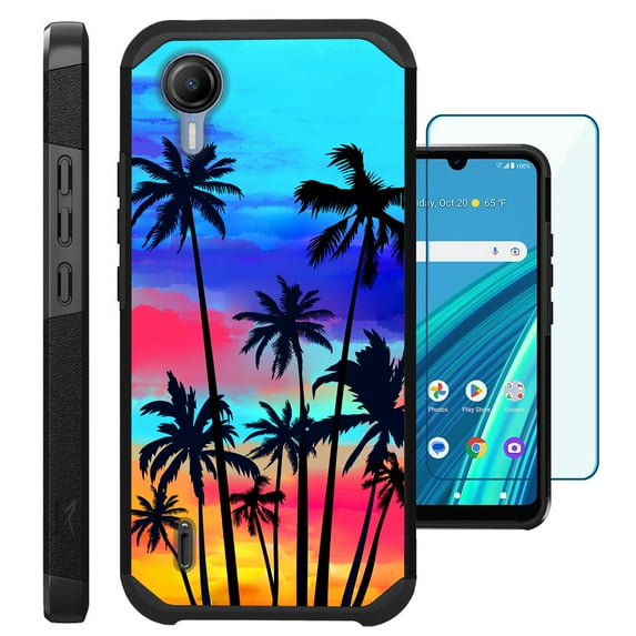 Compatible with Cricket Debut S2 | AT&T Calypso 4; Hybrid Fusion Guard Phone Case Cover + TEMPERED GLASS SCREEN PROTECTOR (Sunset Palm Tree)