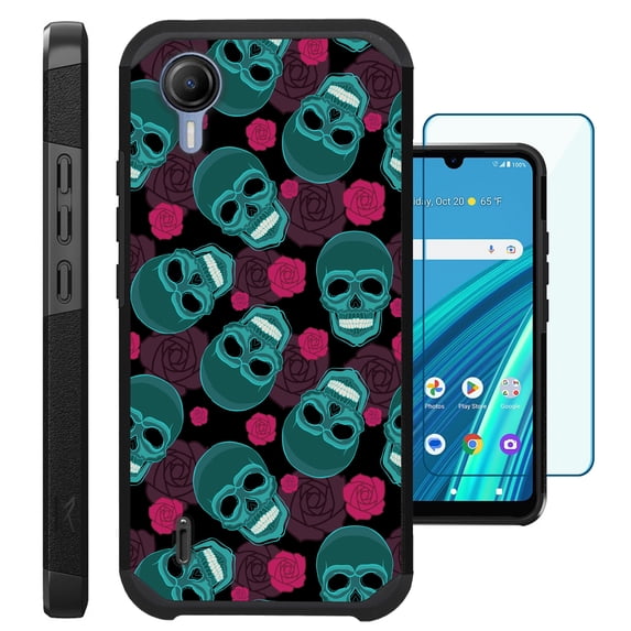 Compatible with Cricket Debut S2 | AT&T Calypso 4; Hybrid Fusion Guard Phone Case Cover + TEMPERED GLASS SCREEN PROTECTOR (Teal Skull)