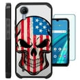 thumbnail image 1 of Compatible with Cricket Debut S2 | AT&T Calypso 4; Hybrid Fusion Guard Phone Case Cover + TEMPERED GLASS SCREEN PROTECTOR (US Flag Skull), 1 of 2