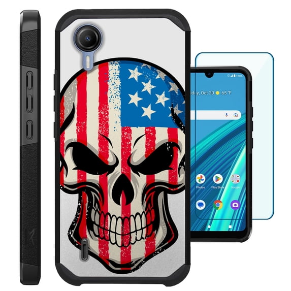 Compatible with Cricket Debut S2 | AT&T Calypso 4; Hybrid Fusion Guard Phone Case Cover + TEMPERED GLASS SCREEN PROTECTOR (US Flag Skull)