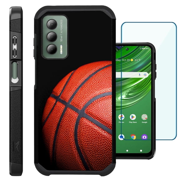 Compatible with Cricket Outlast | AT&T Jetmore; Hybrid Fusion Guard Phone Case Cover + TEMPERED GLASS SCREEN PROTECTOR (Basketball)