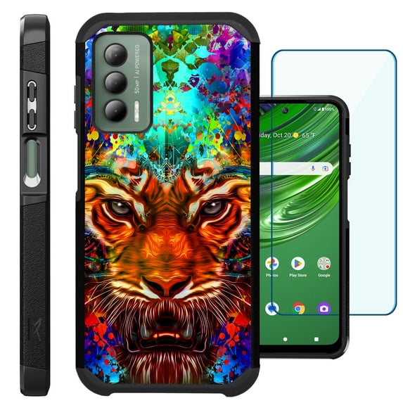 Compatible with Cricket Outlast | AT&T Jetmore; Hybrid Fusion Guard Phone Case Cover + TEMPERED GLASS SCREEN PROTECTOR (Fantasy Tiger FF)