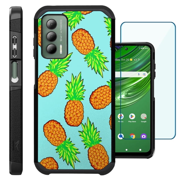 Compatible with Cricket Outlast | AT&T Jetmore; Hybrid Fusion Guard Phone Case Cover + TEMPERED GLASS SCREEN PROTECTOR (Teal Pineapple)