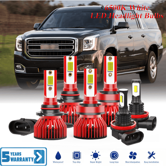 Compatible with GMC Yukon 2015 2016 LED Headlight Set 6 Pack - 30,000LM 6500K Cool White 600% Ultra-Bright Bulb, Plug & Play