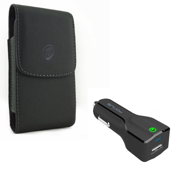 Compatible with Galaxy S10 - Black PU Leather Case w 24W Adaptive Fast USB DC Car Charger QC 3.0 D9L for Samsung Galaxy S10