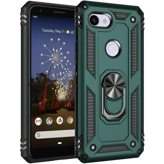 Compatible with Google Pixel 3A Case, Extreme Protection Military Armor Dual Layer Protective Cover with 360 Degree Swivel Ring Kickstand Jade Green