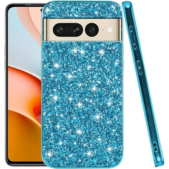 Compatible with Google Pixel 7 Pro Case Glitter Bling Google Pixel 7 Pro Phone Case for Girls Cute Bumper Shockproof Protective Cases (Blue)