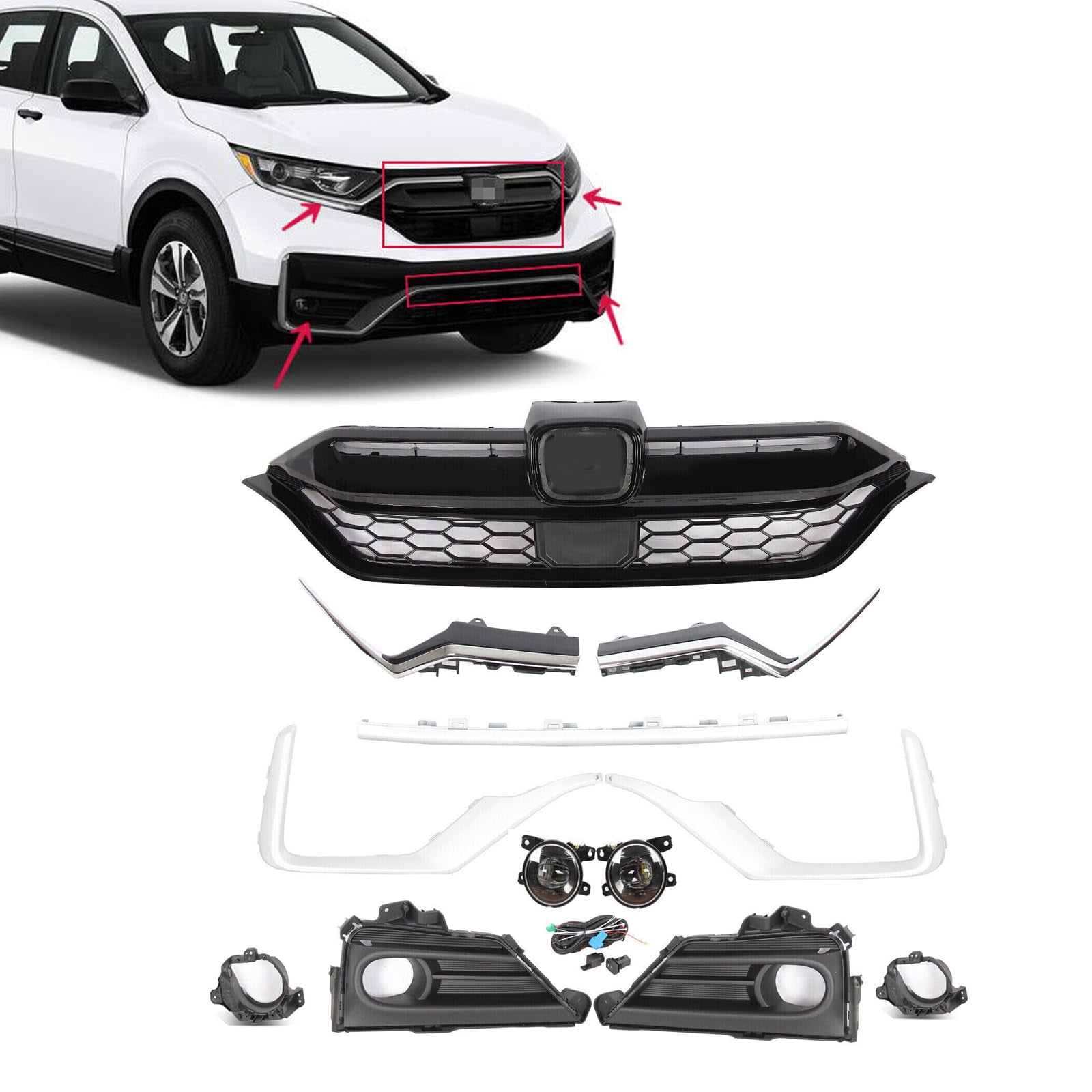 11-Piece Front Grille & Trim Set For 2020-2022 Honda CR-V – Chrome/Black/Silver, Factory Style