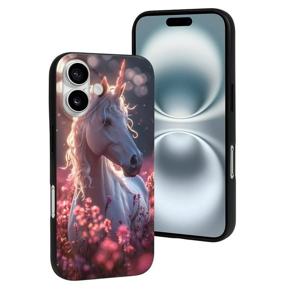 Compatible with Iphone 16 Case Cute - Pink Flower White Horse Soft Silicone Case Compatible with Iphone 16 Phone Case for Women Men
