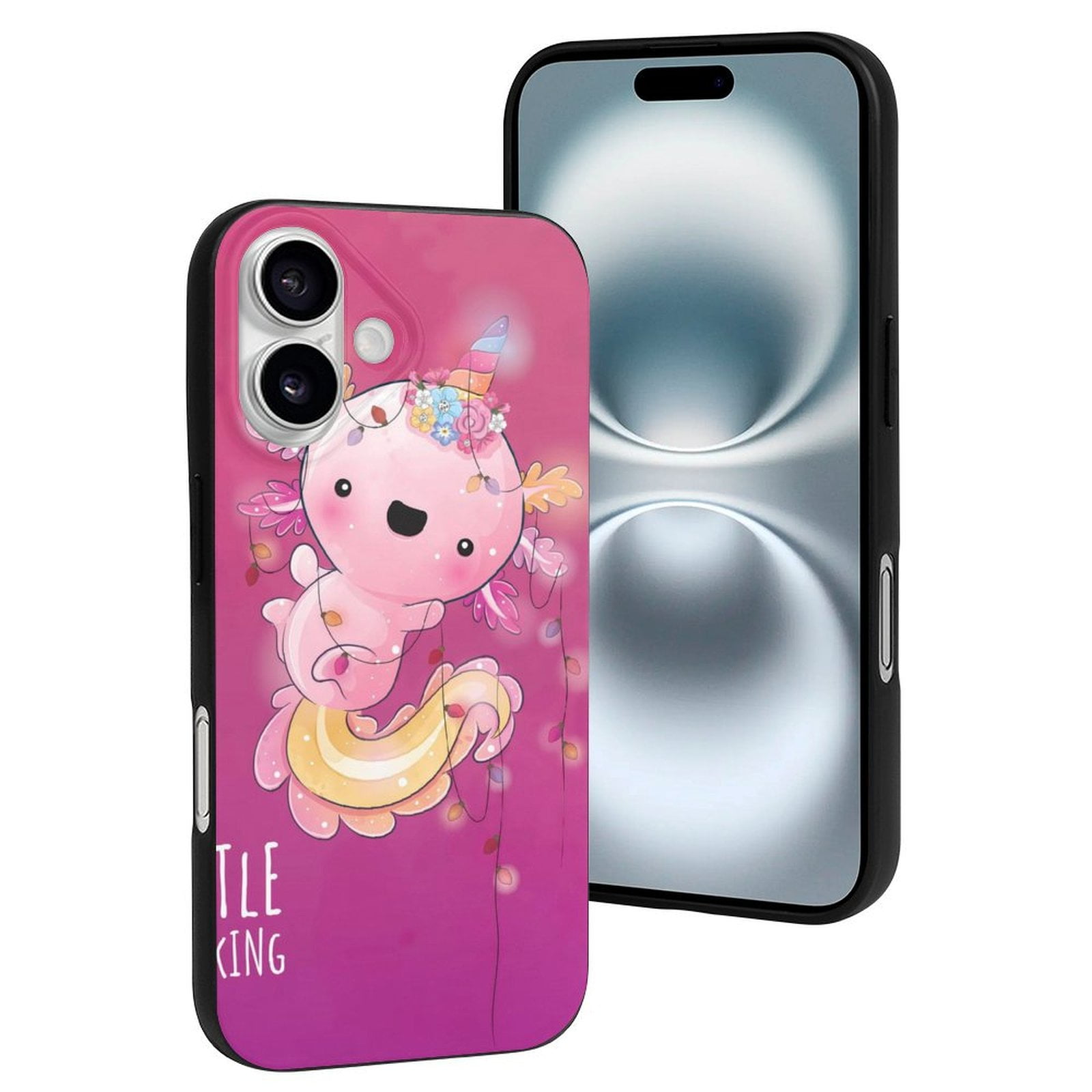 Compatible with iPhone 16 Case - Cute Soft Cute Pink Axolotl A Silicone Case Compatible with iPhone 16 Phone Case for Women Men, Black