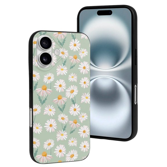 Compatible with Iphone 16 Case - Cute Soft Daisies Flowers Light Green Silicone Case Compatible with Iphone 16 Phone Case for Women Men