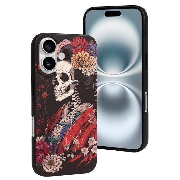 Compatible with Iphone 16 Case - Cute Soft Geisha Skeleton With Flowers Silicone Case Compatible with Iphone 16 Phone Case for Women Men
