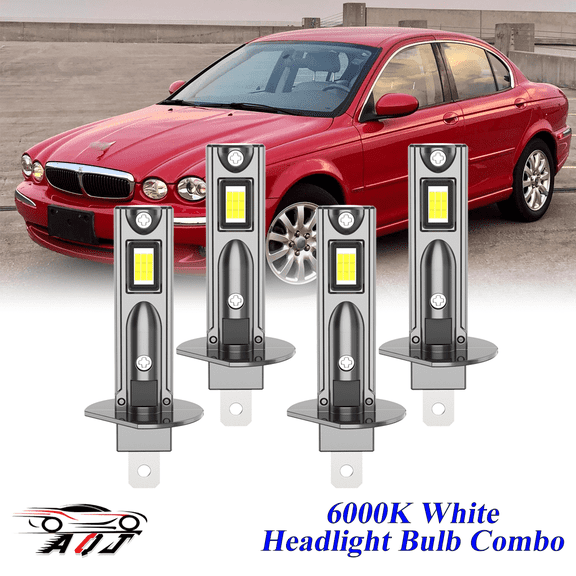 Compatible with Jaguar X-Type 2002-2008 LED High Low Beam Lamp Set 4 Pack - 30,000LM 6000K White 300% Super-Bright Bulb, Plug & Play