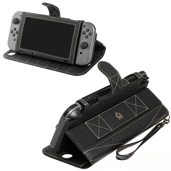 PU-Leather Protective Case Compatible with Nintendo Switch OLED with Multi-Card Slot & Stand & Wristband Rope-for Switch-Black