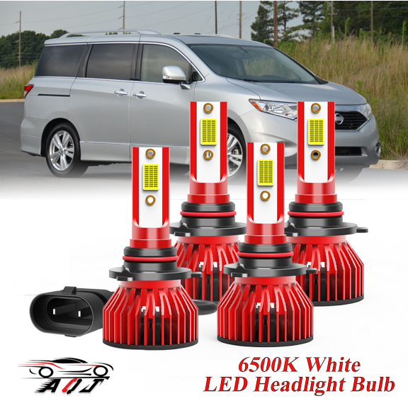 Compatible with Nissan Quest 2004-2009 LED High Low Beam Lamp Set 4 Pack - 30,000LM 6500K Cool White 600% Ultra-Bright Bulb, Plug & Play
