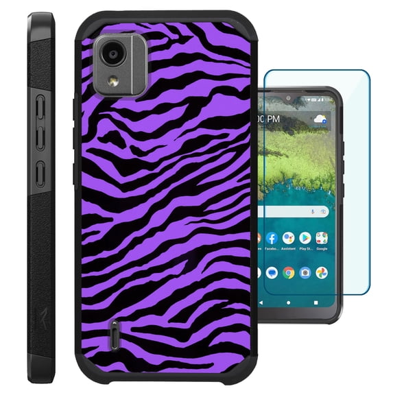 Compatible with Nokia C110; Hybrid Fusion Guard Phone Case Cover + TEMPERED GLASS SCREEN PROTECTOR (Purple Zebra Skin)