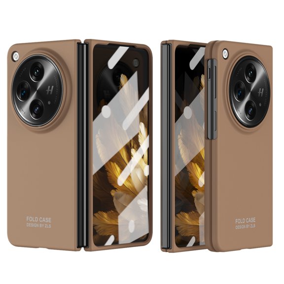 Compatible with OnePlus Open Case with Glass Screen Protector, Full Body Shockproof Wireless Charging Cover Phone Case for OnePlus Open, Coffee