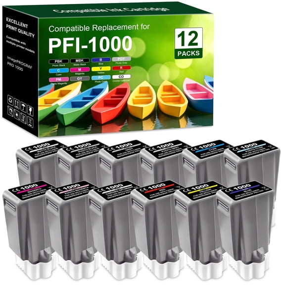 Compatible Replacement for PFI-1000 Ink Cartridges PFI 1000 PFI1000 Ink with Chip Compatible for ImagePROGRAF PRO 1000 (12Packs,80ml)