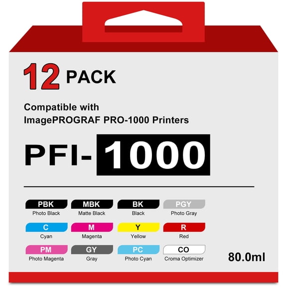 Compatible Replacement for PFI-1000 Ink Cartridges PFI 1000 PFI1000 Ink with Chip Compatible for ImagePROGRAF PRO 1000 (12Packs,80ml)
