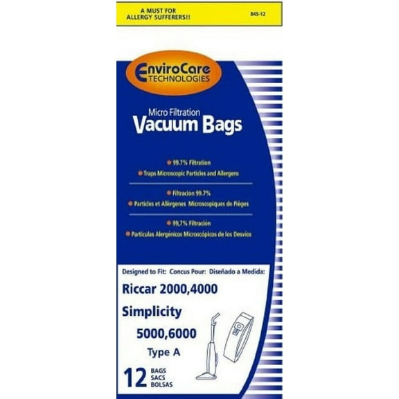 Compatible with Riccar , Compatible with Simplicity Upright Vacuum Type A Bags 12 Pk Part 845-12