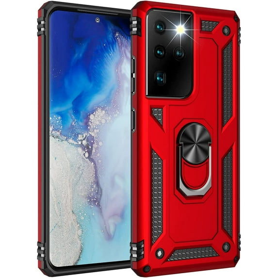 Compatible with S21 Ultra 5G Case, Extreme Protection Military Armor Dual Layer Protective Cover with 360 Degree Swivel Ring Kickstand Red