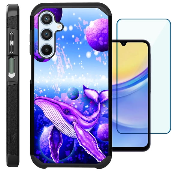 Compatible with Samsung Galaxy A15 5G; Hybrid Fusion Guard Phone Case Cover + TEMPERED GLASS SCREEN PROTECTOR (Purple Space Whale)
