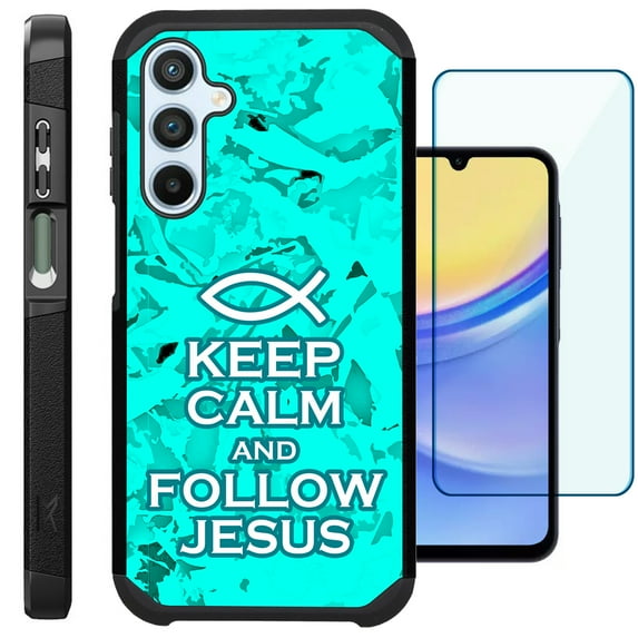 Compatible with Samsung Galaxy A15 5G; Hybrid Fusion Guard Phone Case Cover + TEMPERED GLASS SCREEN PROTECTOR (Teal Follow Jesus)