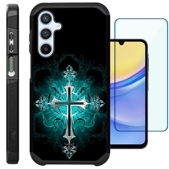 Compatible with Samsung Galaxy A15 5G; Hybrid Fusion Guard Phone Case Cover + TEMPERED GLASS SCREEN PROTECTOR (Teal Gothic Cross)