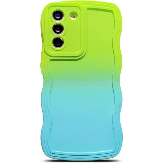 Compatible with Samsung Galaxy S21 FE 5G Case,Cute Gradient Color Curly Wave Frame Shockproof Protective Cases Soft Cover (Green Blue)