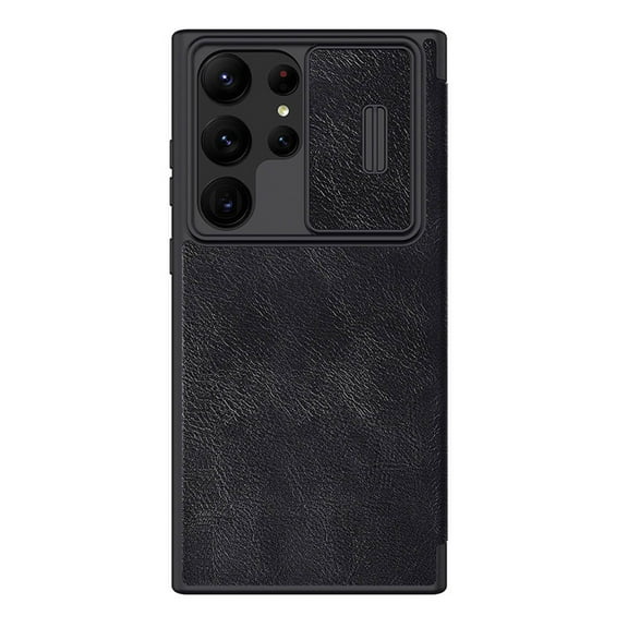 Compatible with Samsung Galaxy S23 Ultra Leather Case with Slide Camera Protection Full Protective Flip Cover-Black