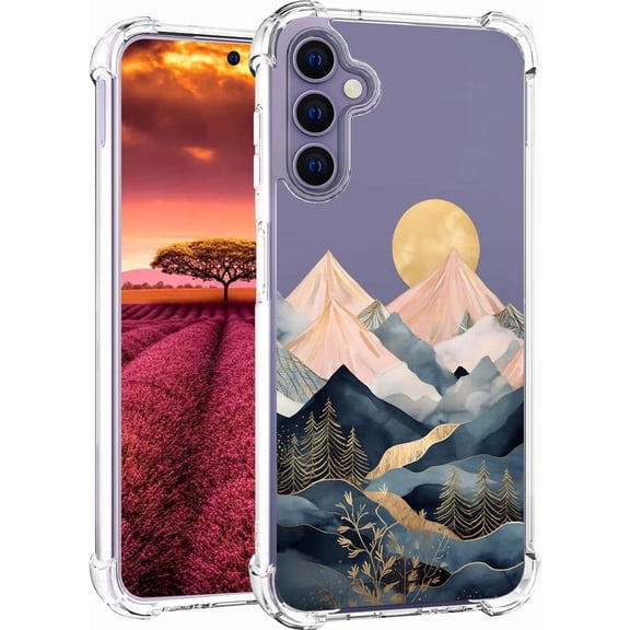 Compatible with Samsung Galaxy S24 & S25 Case Cute Clear for Women,Cool Transparent Silicone Phone Cases Cover - Blue Mountain Sun Trees