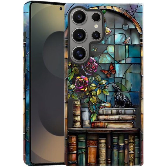 Compatible with Samsung Galaxy S24 Ultra, Anti-Scratch Glossy Case Cover, Dragon Bookshelf Pattern Stained Glass