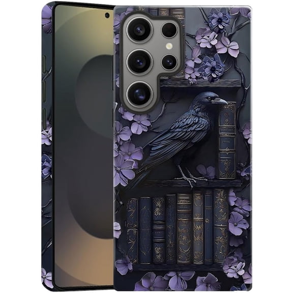 Compatible with Samsung Galaxy S24 Ultra, Anti-Scratch Glossy Case Cover, Purple Gothic Bird Raven Bookshelf