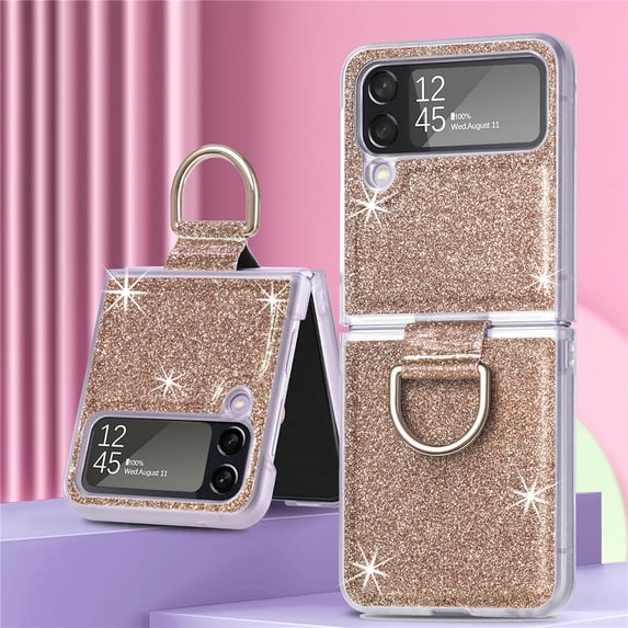 Compatible with Samsung Galaxy Z Flip 4 Case with Ring Glitter Bling Sparkly Shockproof Case for Women Girls-Gold